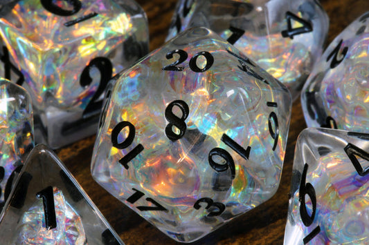 Ensemble de dés Opale Glacée – Dés transparents holographiques avec inclusions arc-en-ciel