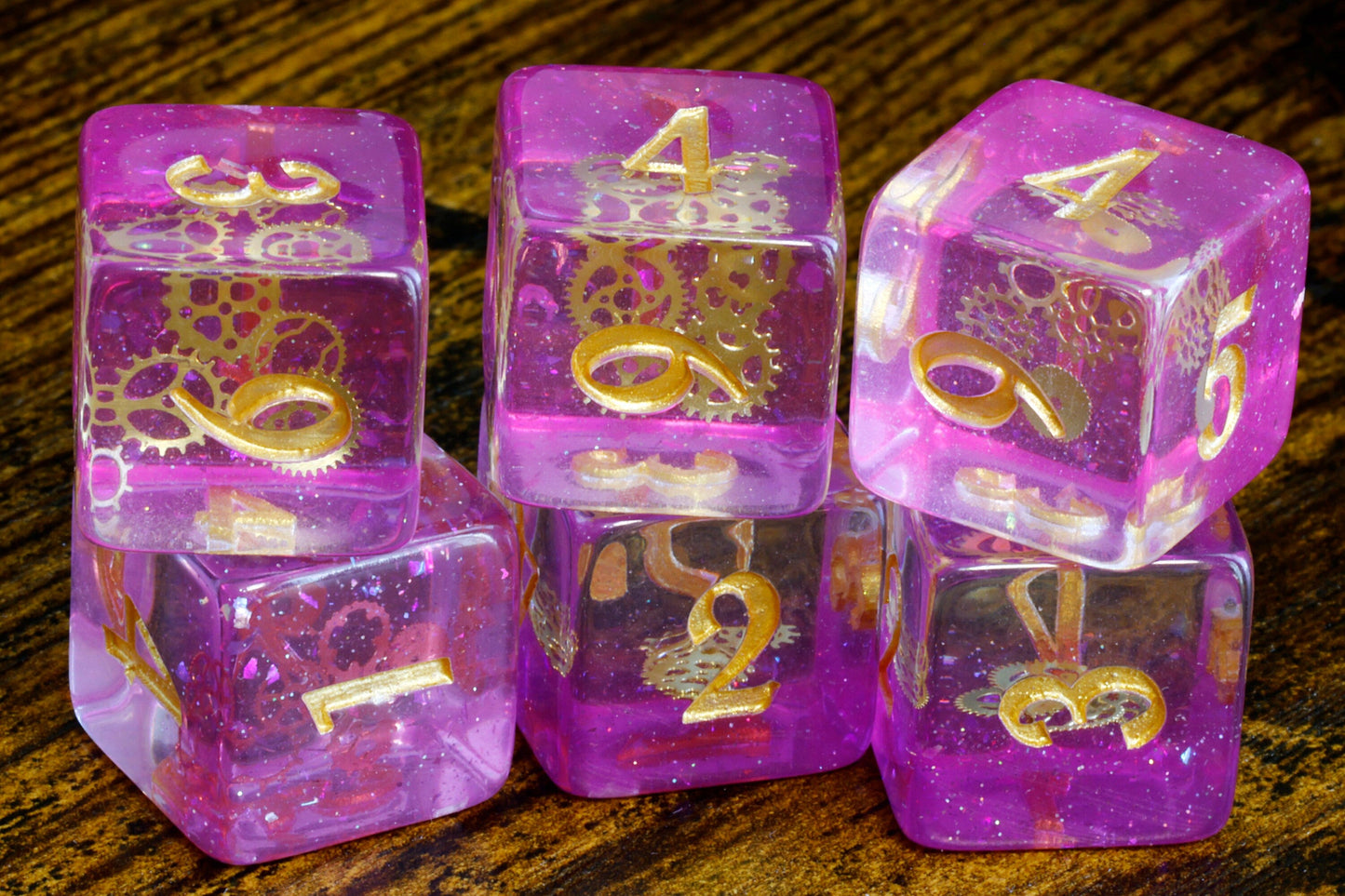 Arcane Sprockets D6 Dice, Purple glittery layer with small golden gear - The Wizard's Vault