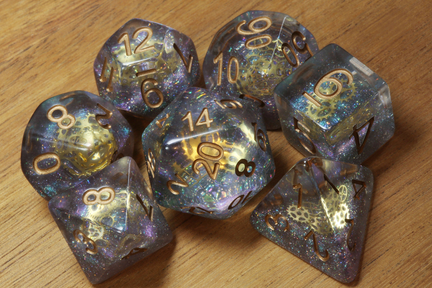 Aether Sprockets DND Dice set with small golden gear - The Wizard's Vault