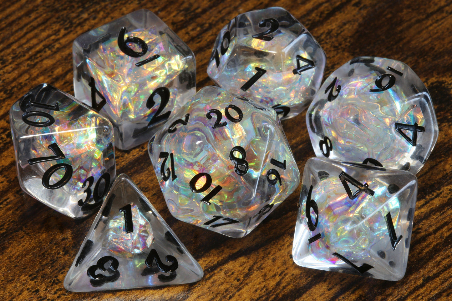 Ensemble de dés Opale Glacée – Dés transparents holographiques avec inclusions arc-en-ciel