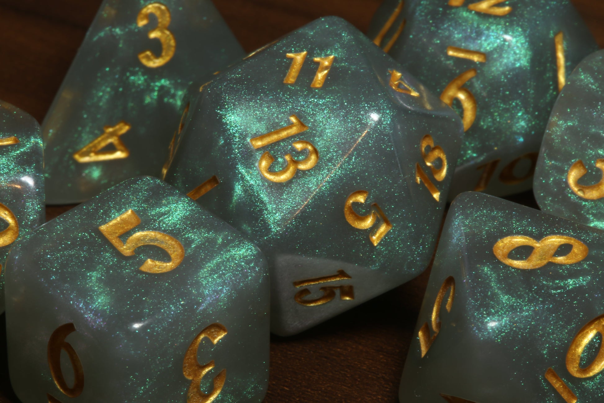 Celestial Aura - Turquoise grey galaxy glitter dice set - The Wizard's Vault