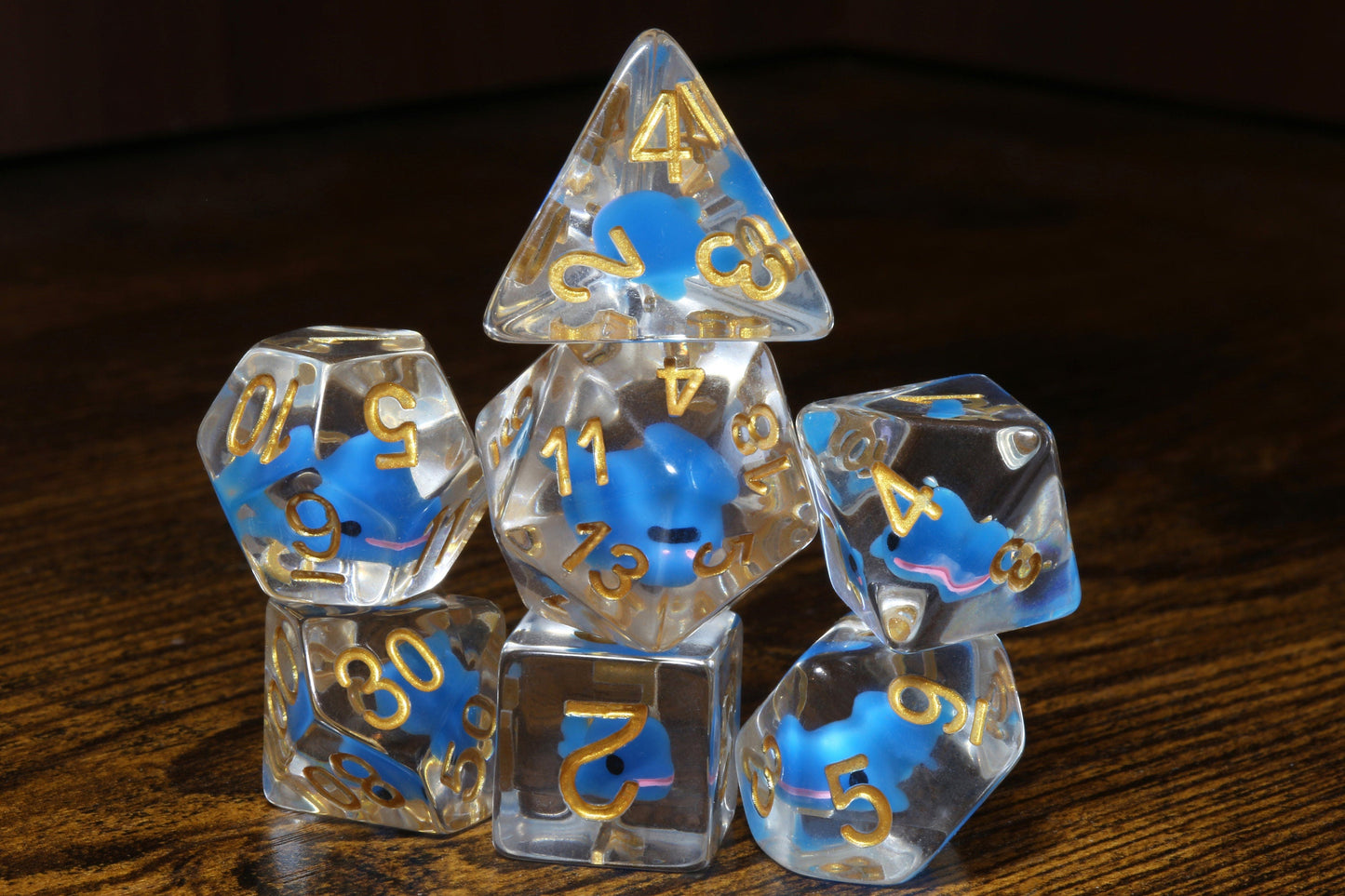 Blue Whale Baby dice set, Transparent with light blue whale inside - The Wizard's Vault