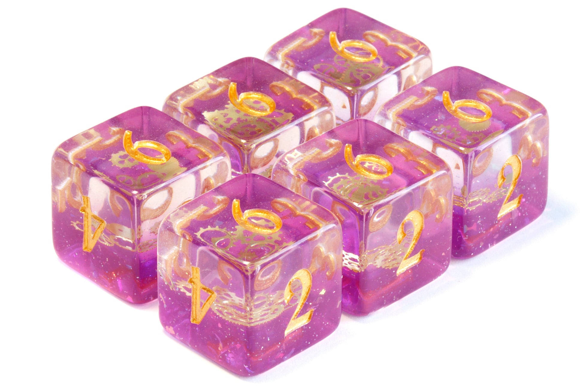 Arcane Sprockets D6 Dice, Purple glittery layer with small golden gear - The Wizard's Vault