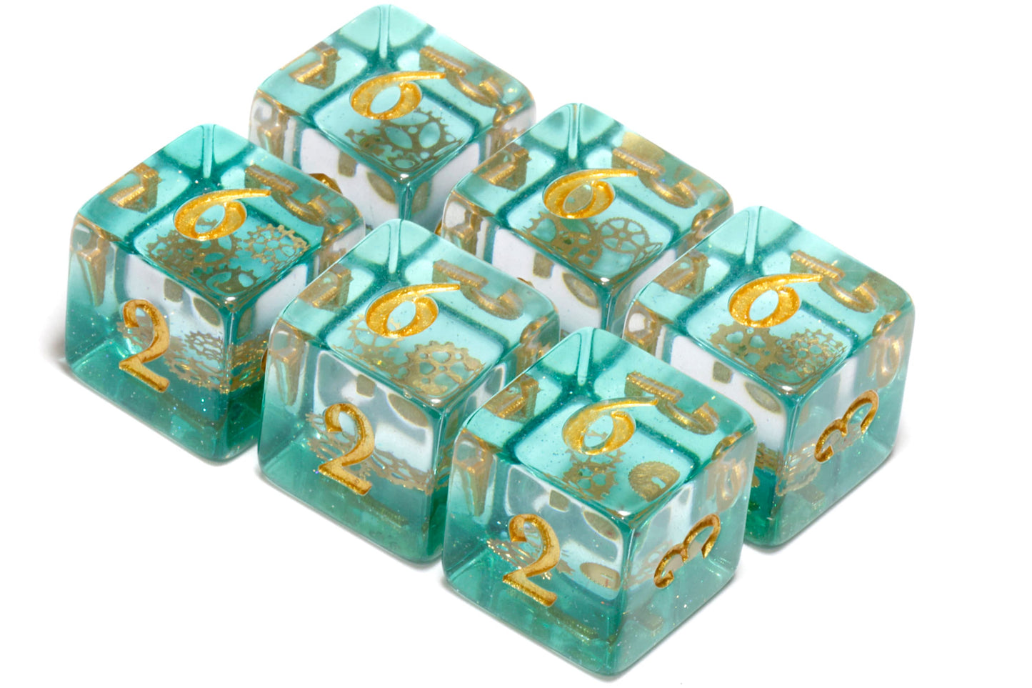 Dés D6 Rouages Éthérés – Couche scintillante bleu-vert avec petites inclusions d'engrenages dorés