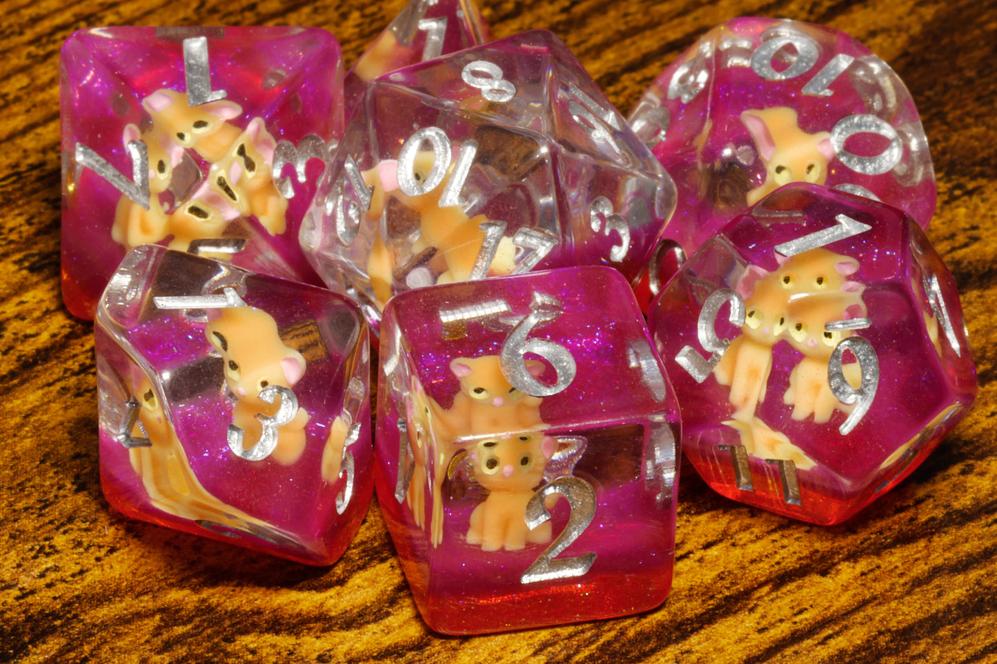 Lucky Whiskers dice set with orange cats - The Wizard's Vault