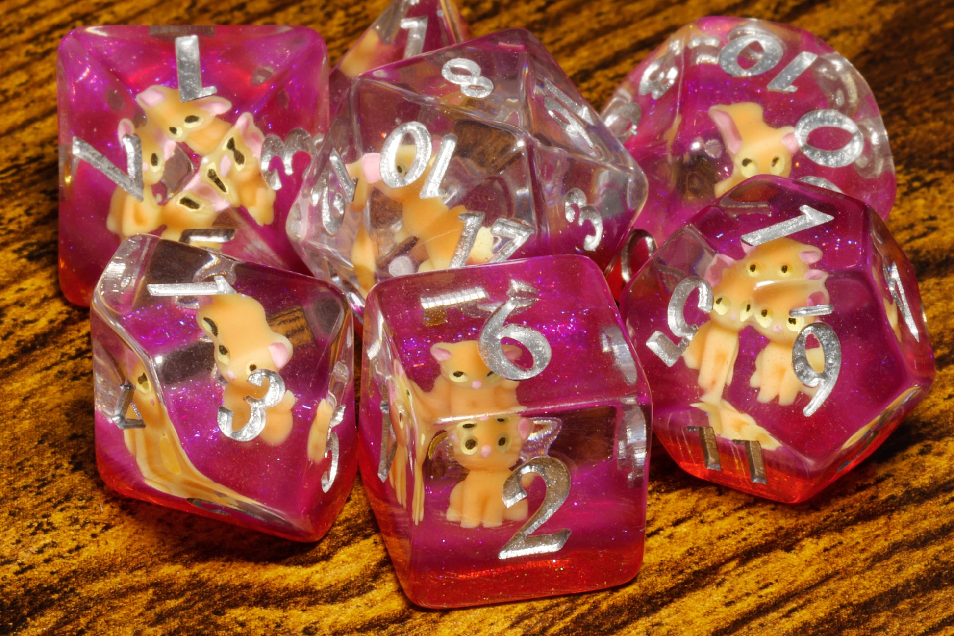 Lucky Whiskers dice set with orange cats - The Wizard's Vault