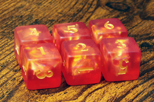 Dé D6 Souffle du Dragon – Inclusions holographiques rouge orangé, finition givrée