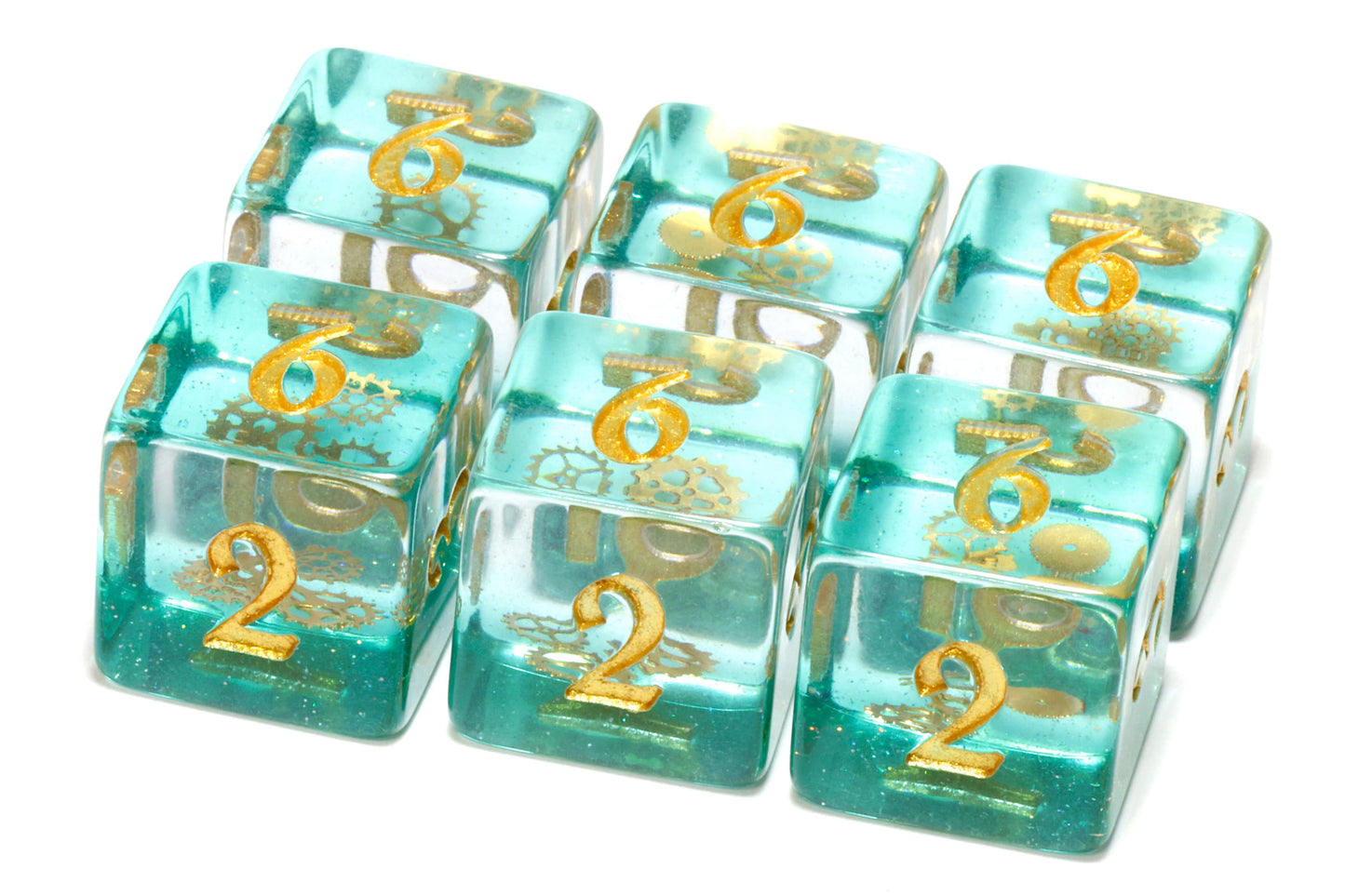 Dés D6 Rouages Éthérés – Couche scintillante bleu-vert avec petites inclusions d'engrenages dorés