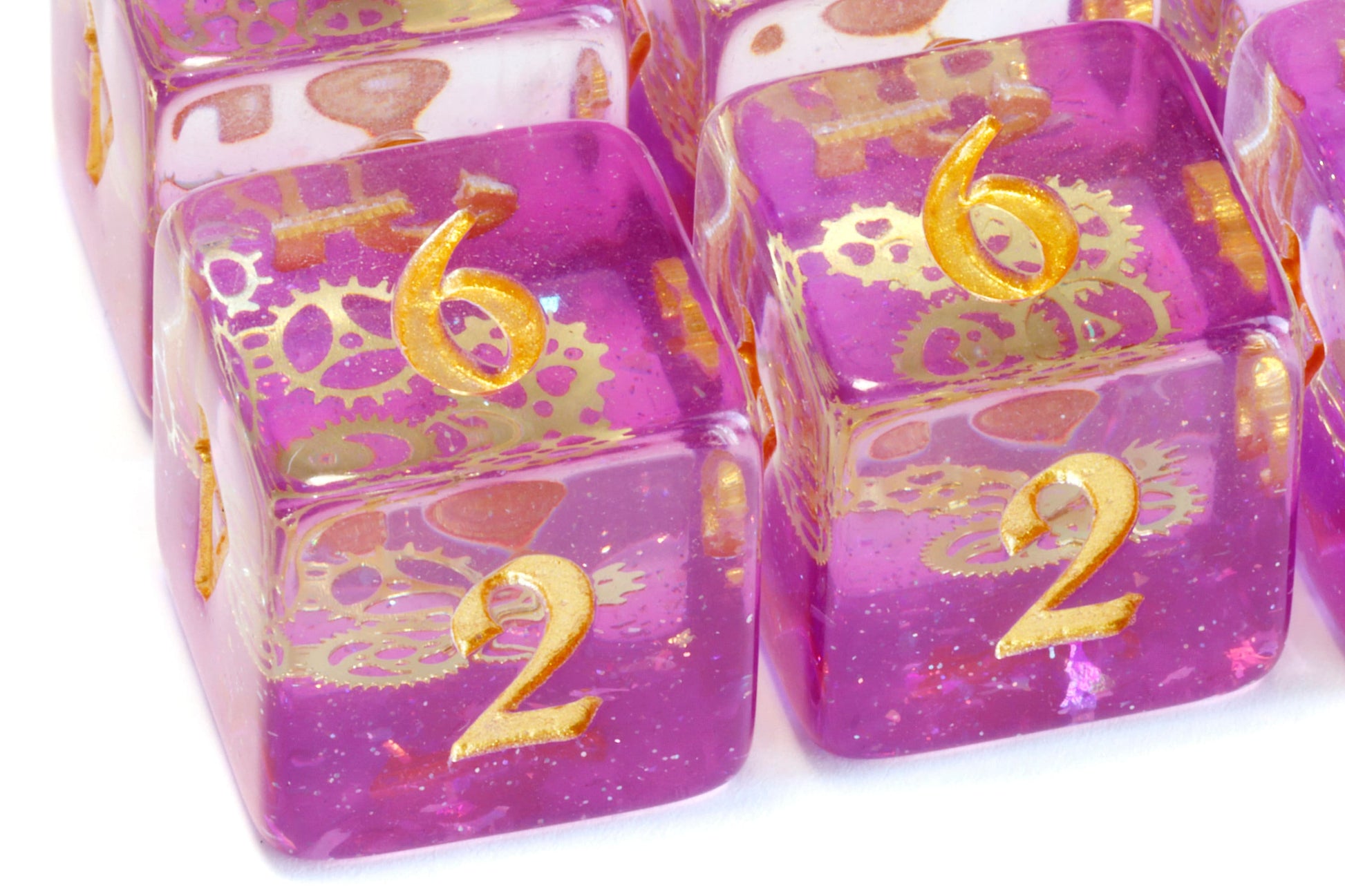 Arcane Sprockets D6 Dice, Purple glittery layer with small golden gear - The Wizard's Vault