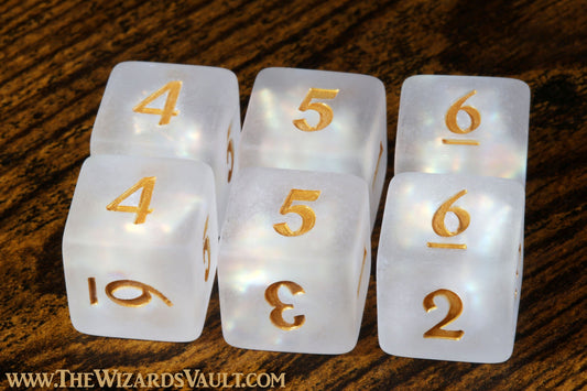 Paladin's Oath D6 - White Holographic inclusions DND Dice, Frosted - The Wizard's Vault