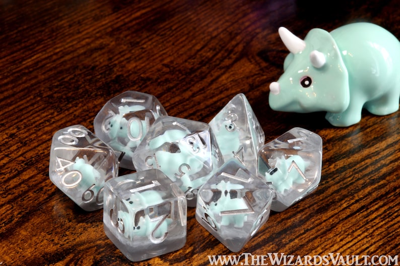 Baby Triceratops dice set, Mint Green, Dinosaur dice - The Wizard's Vault
