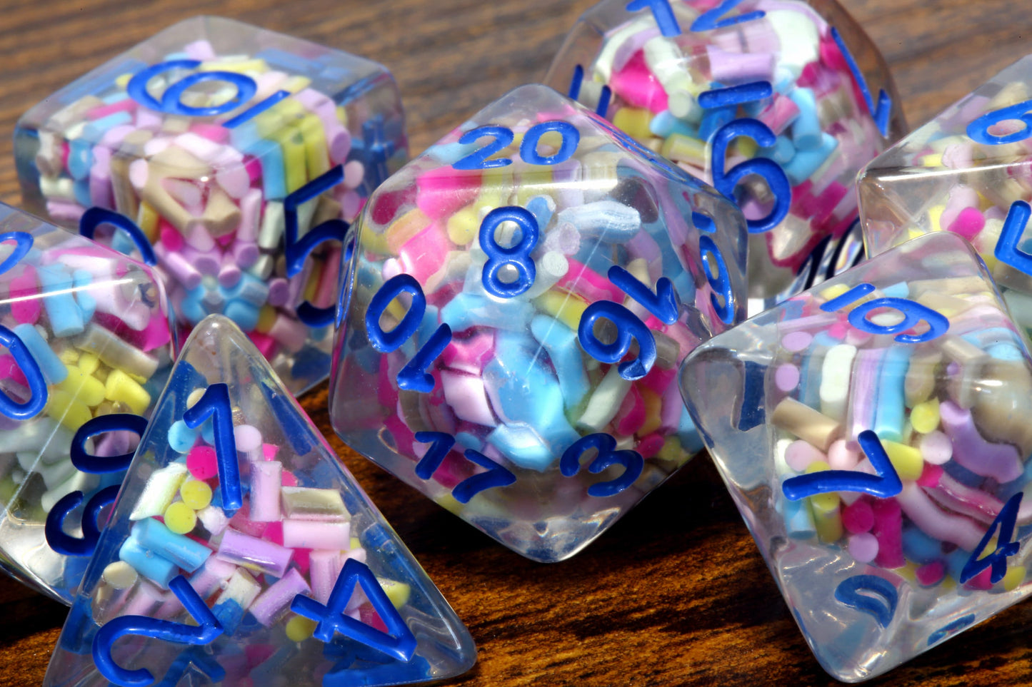 Funfetti cake dice set -  Sprinkle core DND Dice, Colorful sprinkles in a clear resin & blue font, Perfect Dungeon Master Birthday Gift - The Wizard's Vault