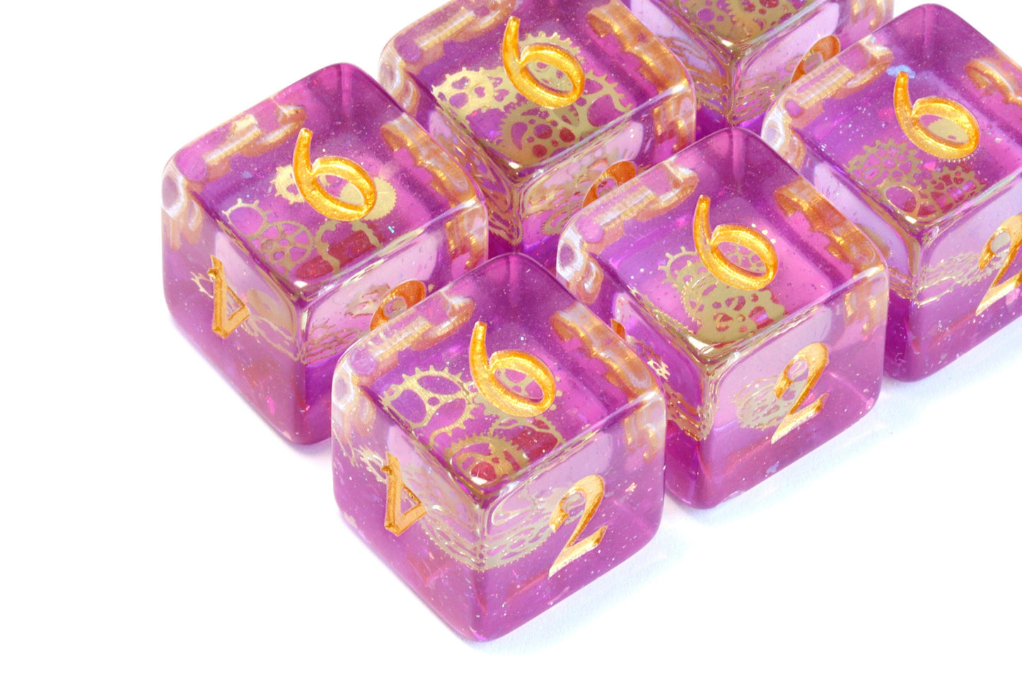Arcane Sprockets D6 Dice, Purple glittery layer with small golden gear - The Wizard's Vault
