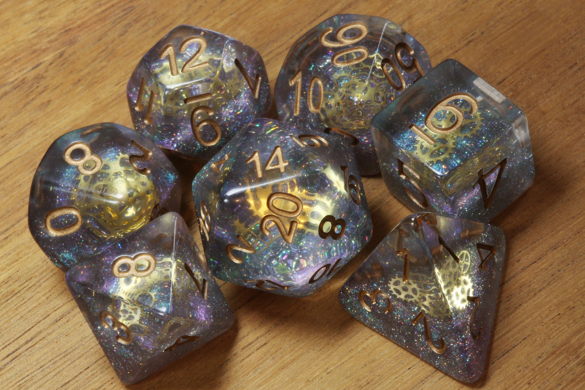 Aether Sprockets DND Dice set with small golden gear - The Wizard's Vault