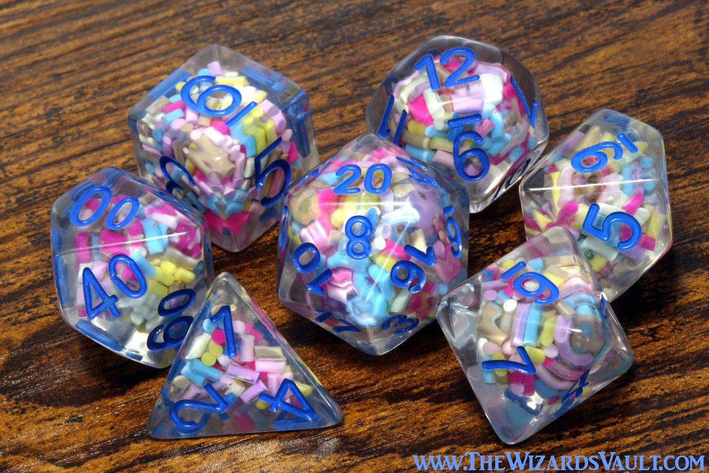 Funfetti cake dice set -  Sprinkle core DND Dice, Colorful sprinkles in a clear resin & blue font, Perfect Dungeon Master Birthday Gift - The Wizard's Vault