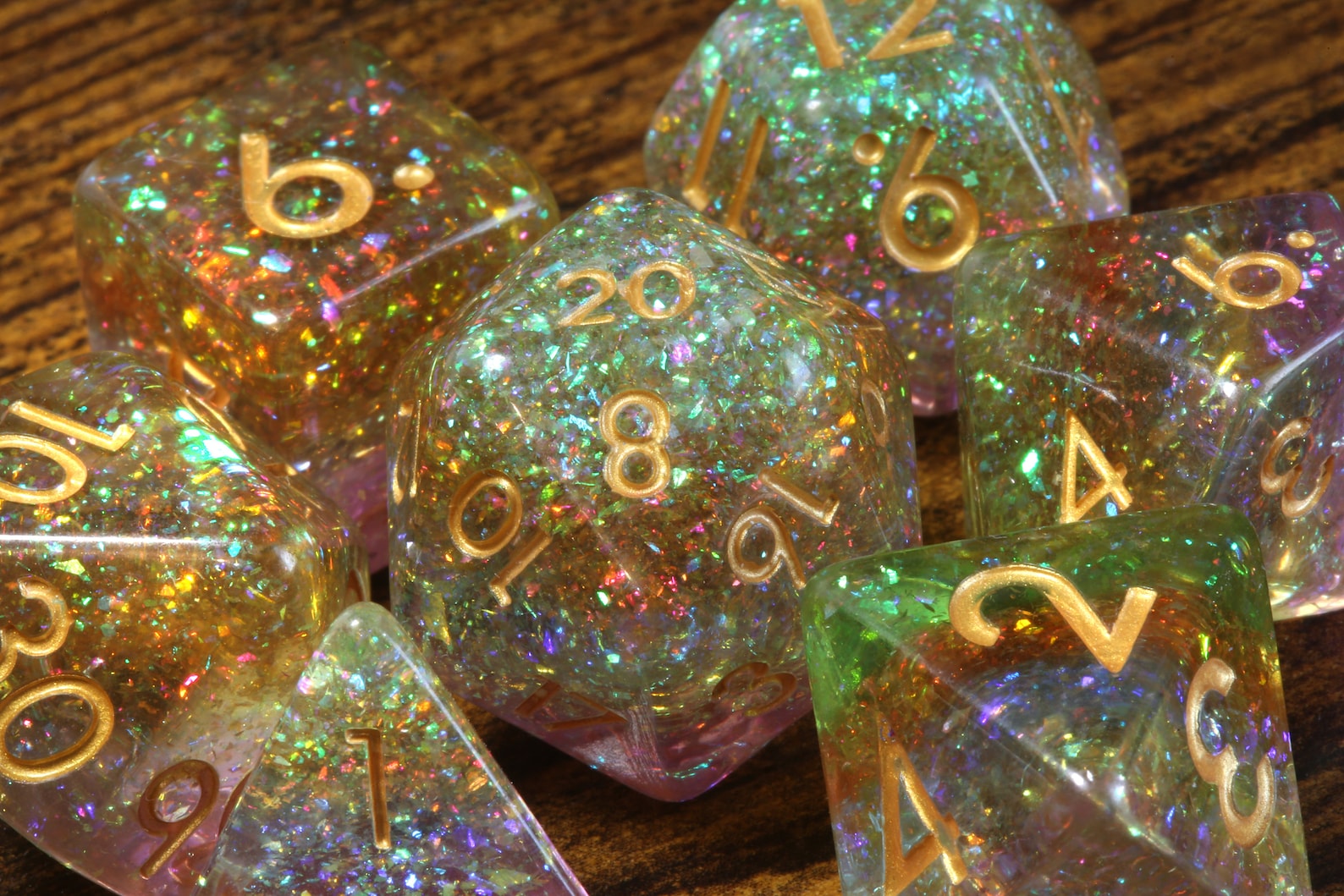 Rainbow Sparkle Dice Set - Multicolored glitter layer - The Wizard's Vault