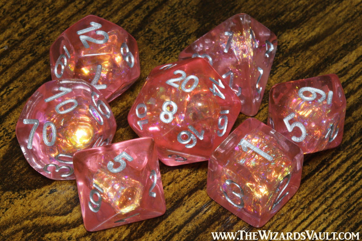 Fire Burst dice set with Holographic foil inclusions DND Dice, Transparent red orange coral pink , Role Playing games Dice storage, D&D - The Wizard's Vault