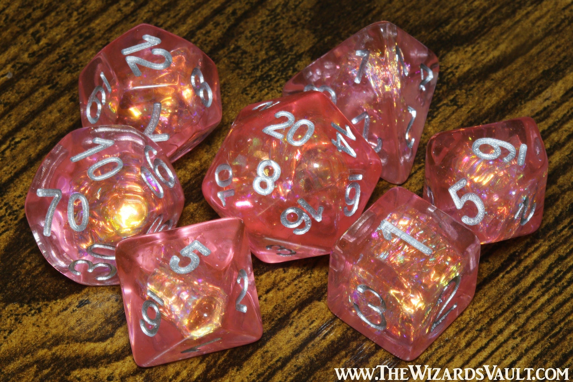 Fire Burst dice set with Holographic foil inclusions DND Dice, Transparent red orange coral pink , Role Playing games Dice storage, D&D - The Wizard's Vault